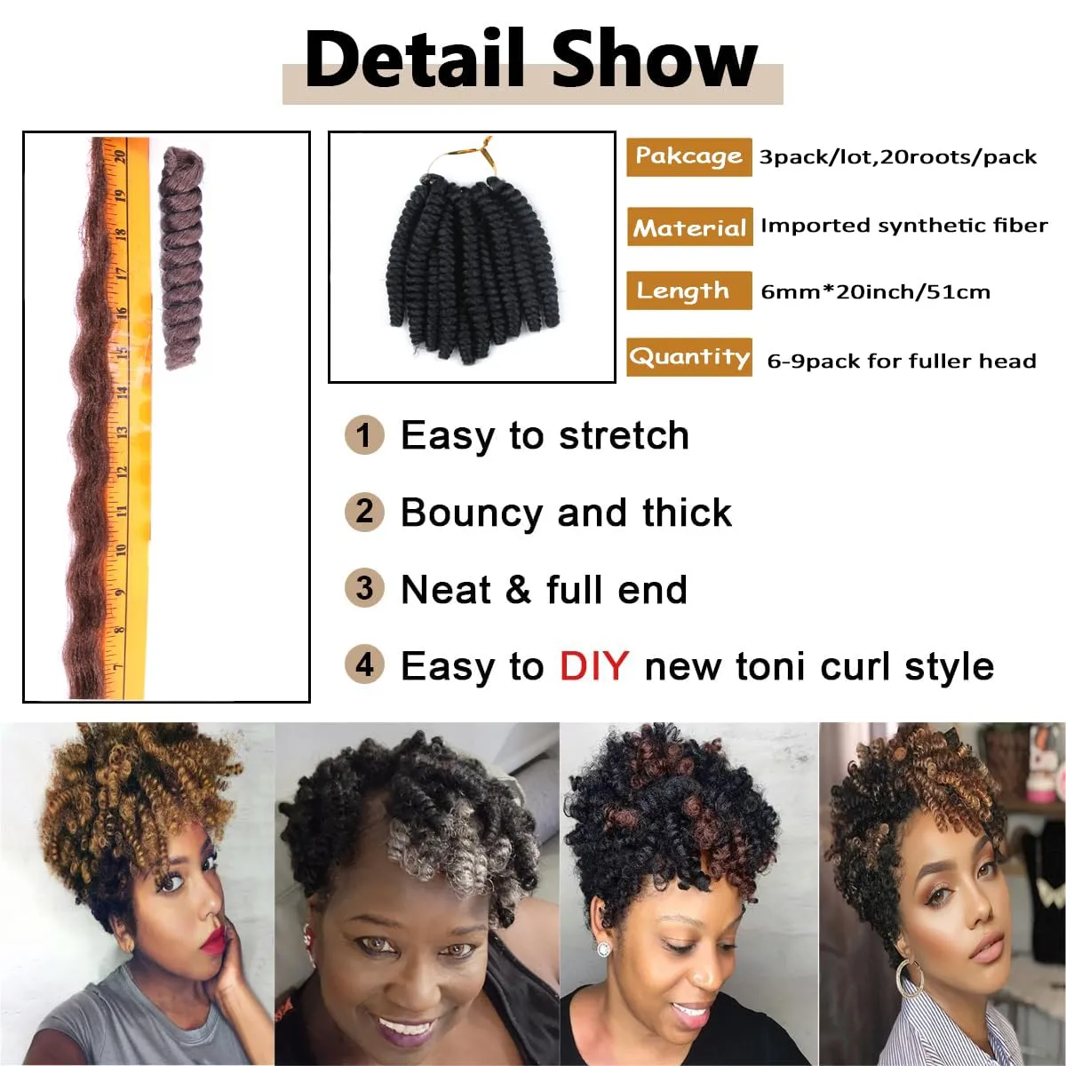 3 Packs Saniay Curl Crochet Braids Short Crochet Braiding Bouncy Twist Spiral Curls Jamaican Twist Hair Extensions 20 Strands/Pack (1, 6 * 20 inch)