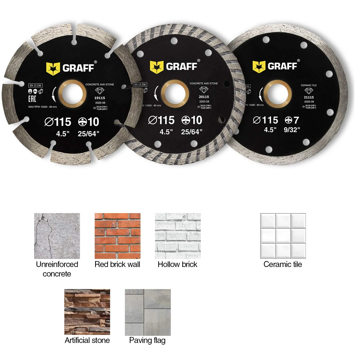 3 PCS 4 1/2 Inch Diamond Blade for Angle Grinder — Diamond Cutting Wheel for Cutting Stone, Marble, Granite, Brick, Masonry, Paving Flag, Concrete — GRAFF