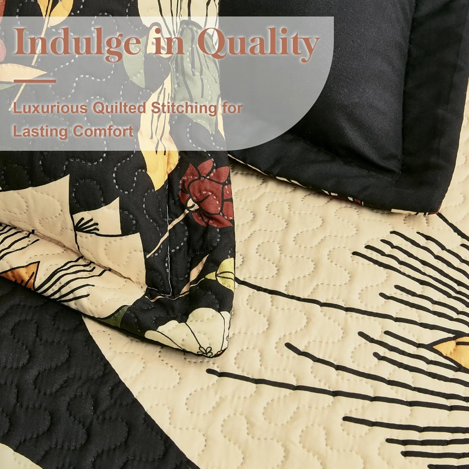 3 Piece Black Boho Floral King Size Quilt Sets Reversible Farmhouse Botanical Lightweight Bedspread Coverlet with 2 Shams Mid Century Microfiber Bedding Quilts Set for All Season, 106''x96''