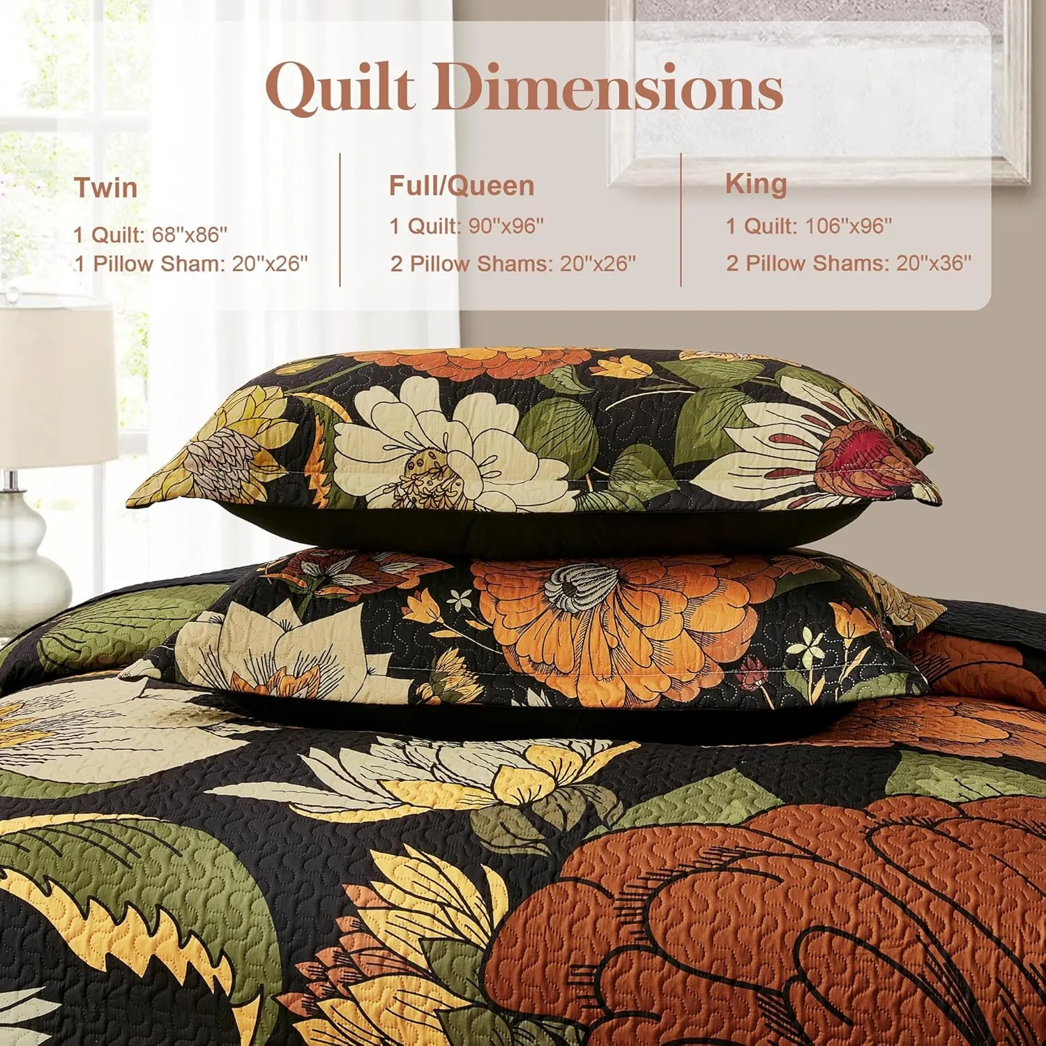 3 Piece Black Boho Floral King Size Quilt Sets Reversible Farmhouse Botanical Lightweight Bedspread Coverlet with 2 Shams Mid Century Microfiber Bedding Quilts Set for All Season, 106''x96''