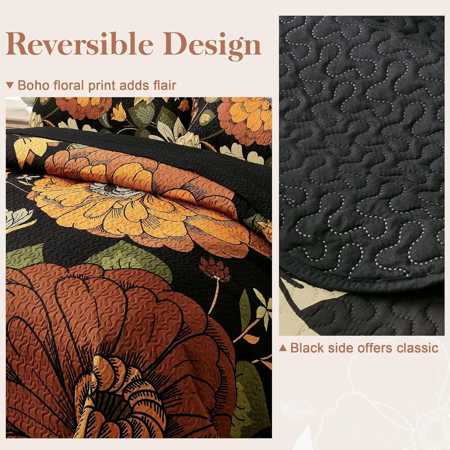 3 Piece Black Boho Floral King Size Quilt Sets Reversible Farmhouse Botanical Lightweight Bedspread Coverlet with 2 Shams Mid Century Microfiber Bedding Quilts Set for All Season, 106''x96''