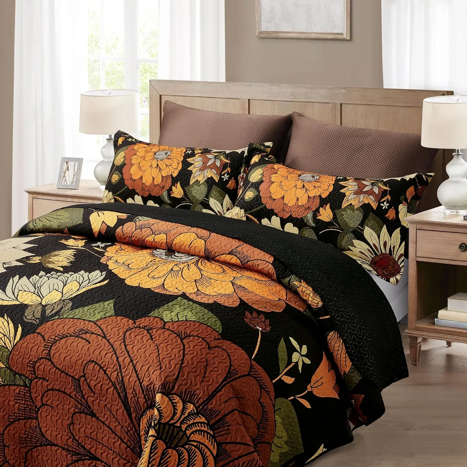 3 Piece Black Boho Floral King Size Quilt Sets Reversible Farmhouse Botanical Lightweight Bedspread Coverlet with 2 Shams Mid Century Microfiber Bedding Quilts Set for All Season, 106''x96''