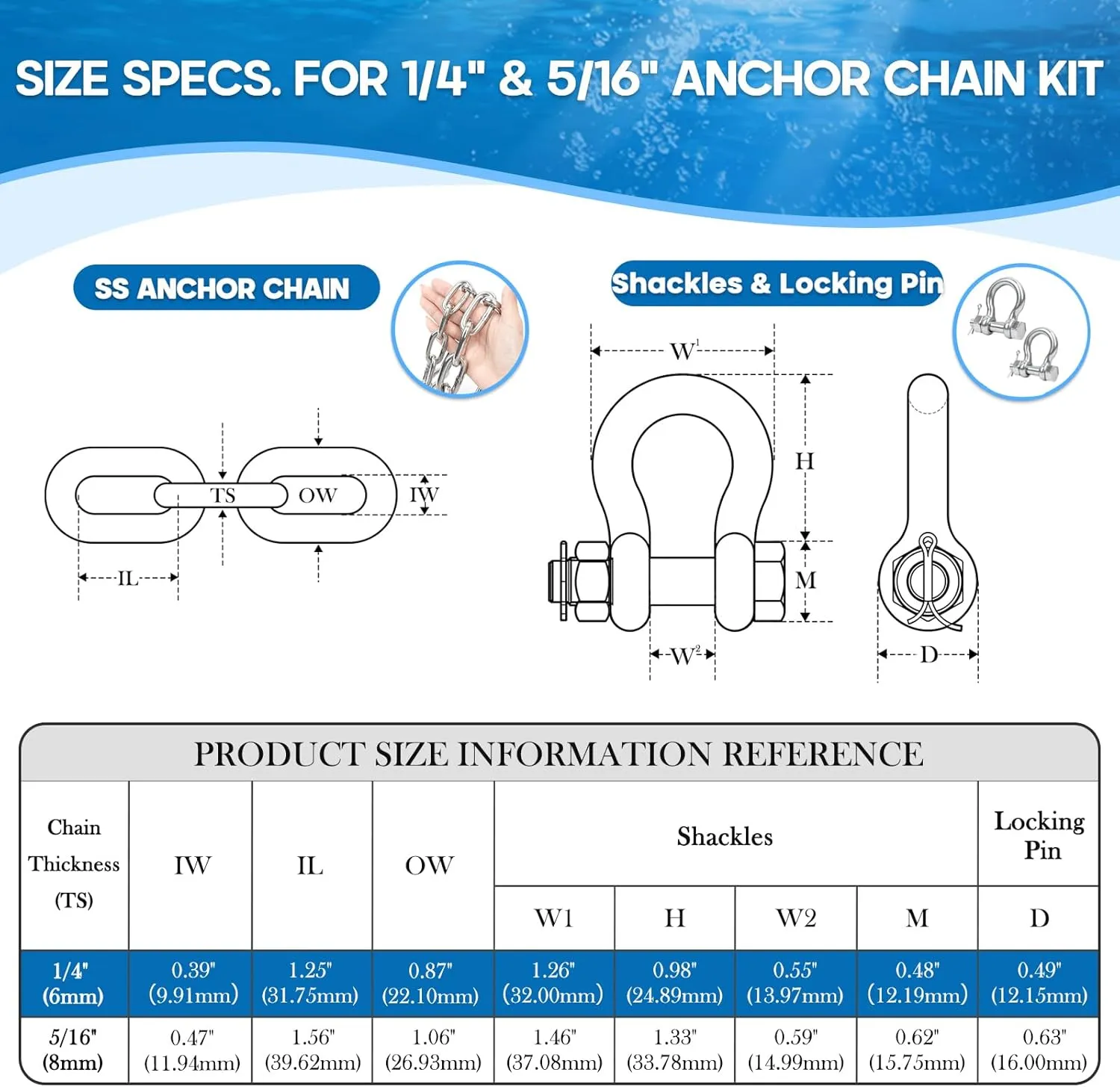 316 Stainless Steel Anchor Chain, Marine Grade Boat Anchor Chain Kit, Heavy-Duty 1/4" or 5/16" Anchor Lead Chain w/ 2 Pcs Anti-Off Double Shackle Link Ends for Boats, Pontoon, Deck & Sail