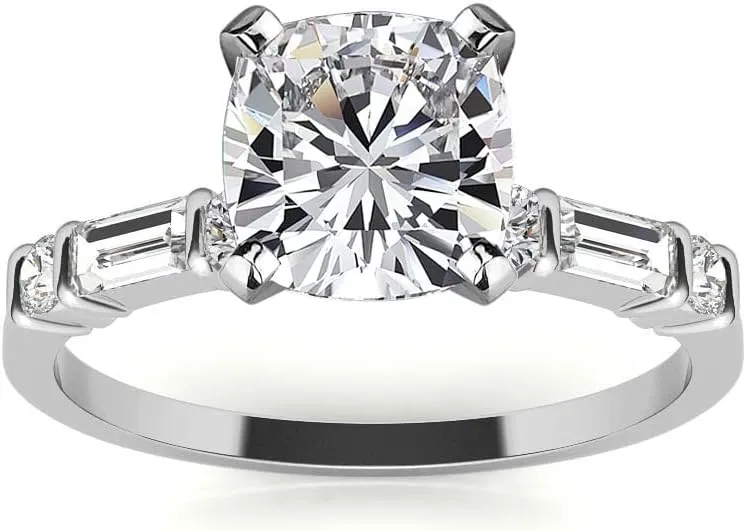 3.5Ct-9.0mm Cushion and Baguette Bar Set Moissanite Engagement Ring with Moissanite In14k Gold For Women,D-VVS1