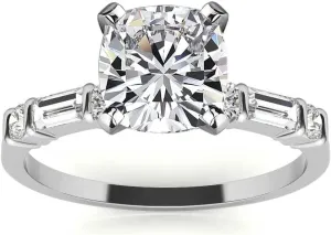 3.5Ct-9.0mm Cushion and Baguette Bar Set Moissanite Engagement Ring with Moissanite In14k Gold For Women,D-VVS1