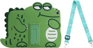 3D Cute Crocodile Case for iPad 9th/8th/7th Generation (2021/2020/2019) 10.2 inch with Strap,Kawaii Cartoon Green Crocodile Soft Silicone Case with Kickstand for Kids Teens Boys Girls Women