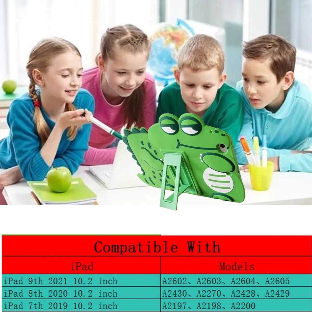 3D Cute Crocodile Case for iPad 9th/8th/7th Generation (2021/2020/2019) 10.2 inch with Strap,Kawaii Cartoon Green Crocodile Soft Silicone Case with Kickstand for Kids Teens Boys Girls Women