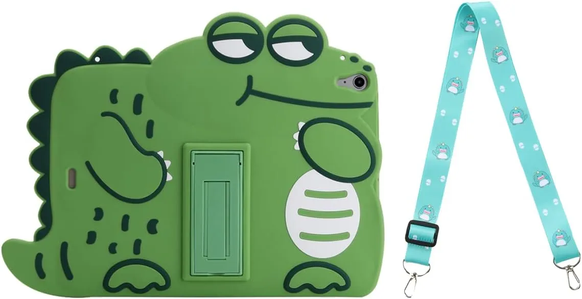 3D Cute Crocodile Case for iPad 9th/8th/7th Generation (2021/2020/2019) 10.2 inch with Strap,Kawaii Cartoon Green Crocodile Soft Silicone Case with Kickstand for Kids Teens Boys Girls Women