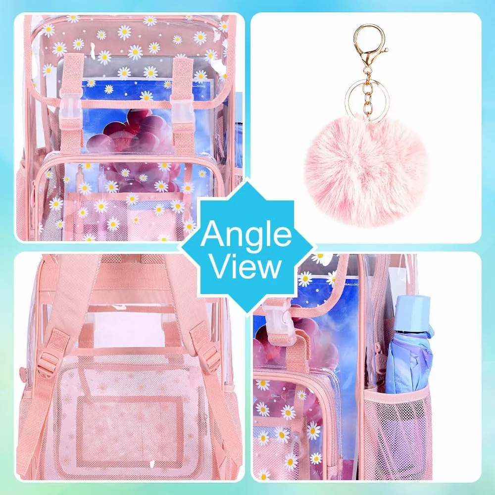 3PCS Pink Clear Backpack, Heavy Duty Transparent Bookbag for Girls Women, Stadium Approved See Through Backpack with Lunch Box (Pink Daisy)