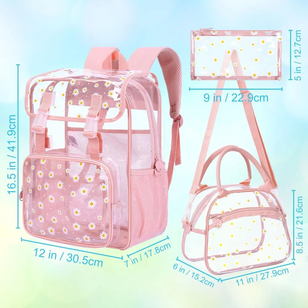 3PCS Pink Clear Backpack, Heavy Duty Transparent Bookbag for Girls Women, Stadium Approved See Through Backpack with Lunch Box (Pink Daisy)
