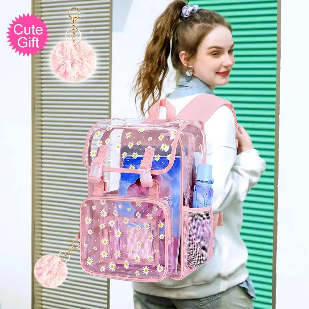 3PCS Pink Clear Backpack, Heavy Duty Transparent Bookbag for Girls Women, Stadium Approved See Through Backpack with Lunch Box (Pink Daisy)