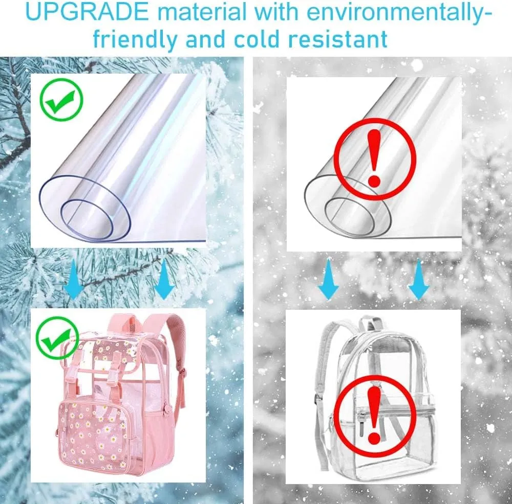 3PCS Pink Clear Backpack, Heavy Duty Transparent Bookbag for Girls Women, Stadium Approved See Through Backpack with Lunch Box (Pink Daisy)