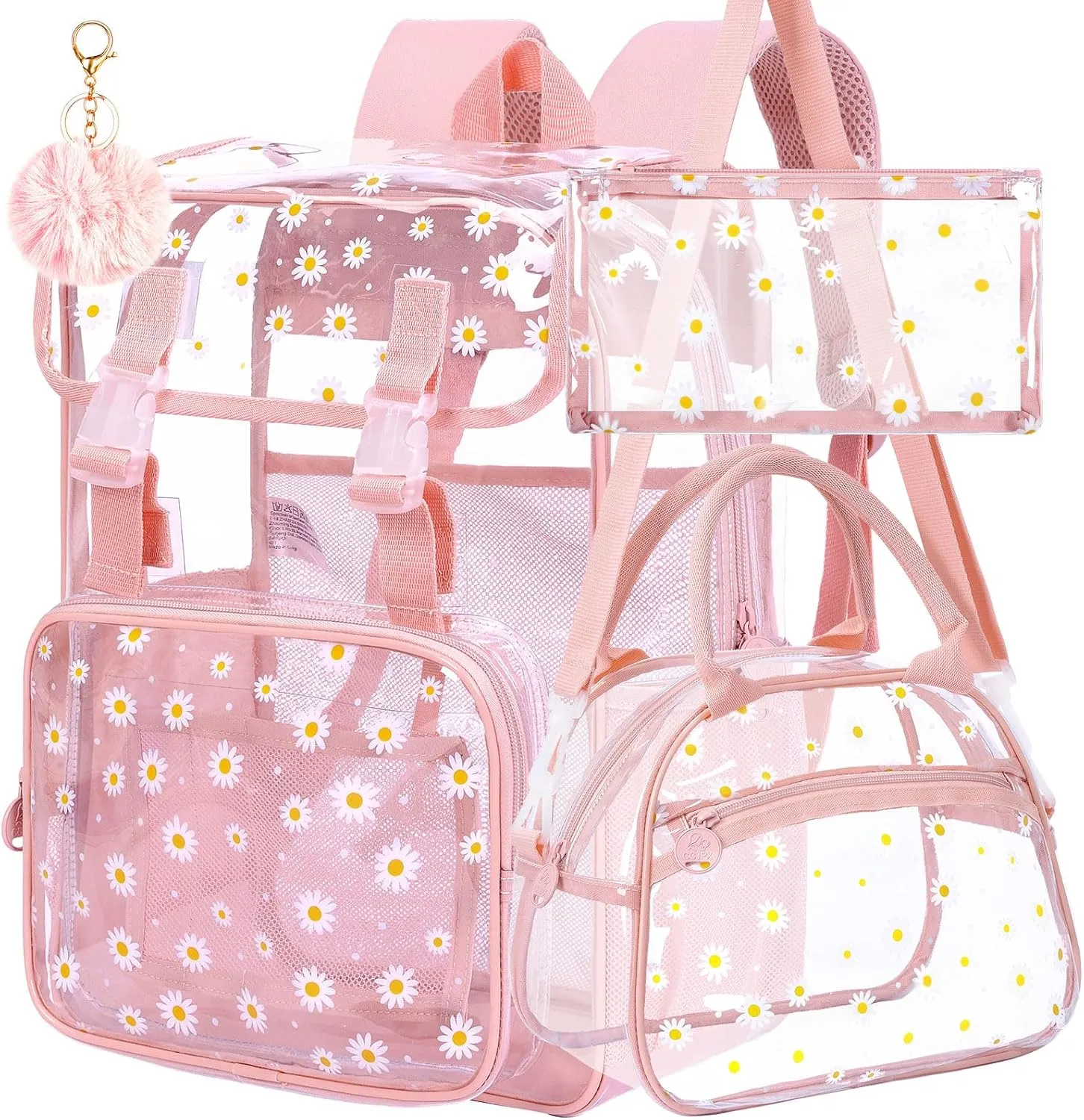 3PCS Pink Clear Backpack, Heavy Duty Transparent Bookbag for Girls Women, Stadium Approved See Through Backpack with Lunch Box (Pink Daisy)