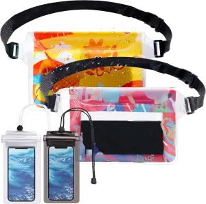 4 Pack Waterproof Fanny Pack with Waist Strap Waterproof Phone Pouch Dry Bag for Kayaking Pool Swimming Boating Beach Fishing Travel Diving Surfing (Hawaii, 2 Fanny Pack   2 Pouch Bag)