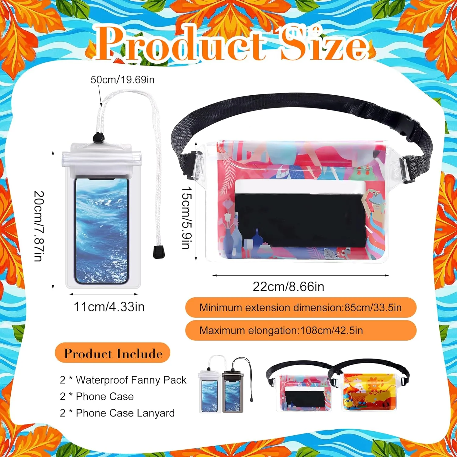 4 Pack Waterproof Fanny Pack with Waist Strap Waterproof Phone Pouch Dry Bag for Kayaking Pool Swimming Boating Beach Fishing Travel Diving Surfing (Hawaii, 2 Fanny Pack   2 Pouch Bag)