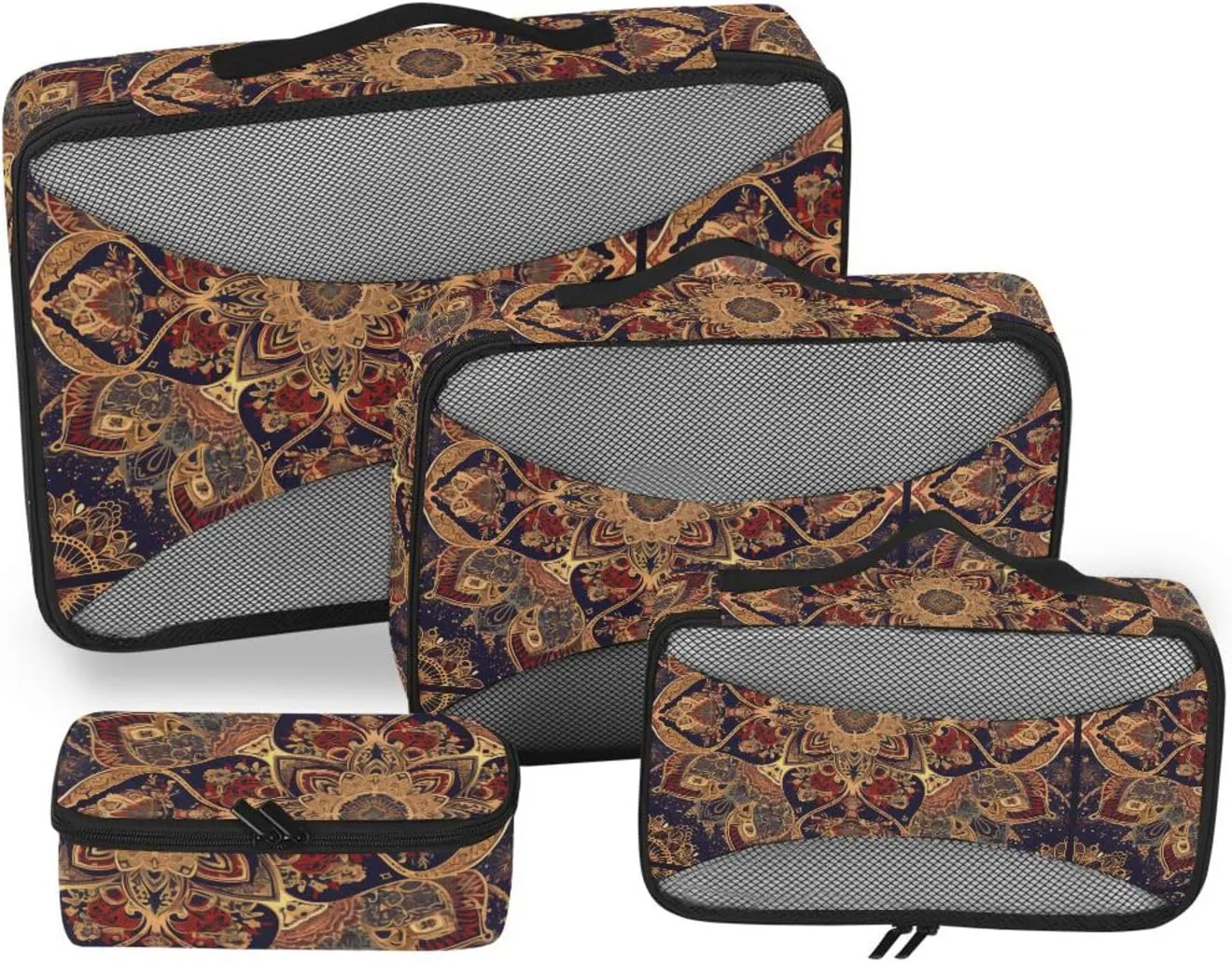 4 Pcs set travel organizer bags Mesh Travel Essentials Bohemian-style Mandala Pattern Vintage lightweight packing cubes for women