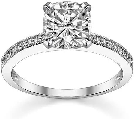 4.0Carat Cushion Moissanite & Diamond Milgrain Engagement Ring With Lab Grown Diamond In14k Gold For Women,D-VVS1