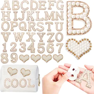 40pcs Self Adhesive Pearl Rhinestone Letter Patches Glitter Bling Alphabet A-Z Number 0-9 Heart Decorative Appliques Stick on Clothes Hats Handbags Purses Craft Supplies