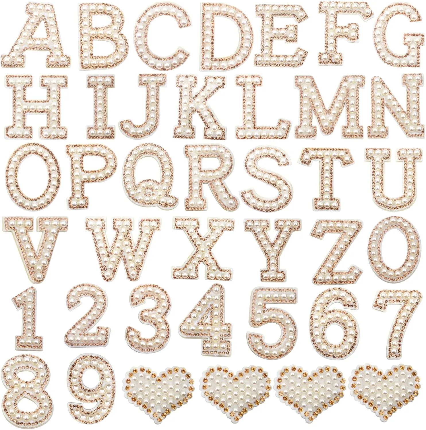 40pcs Self Adhesive Pearl Rhinestone Letter Patches Glitter Bling Alphabet A-Z Number 0-9 Heart Decorative Appliques Stick on Clothes Hats Handbags Purses Craft Supplies