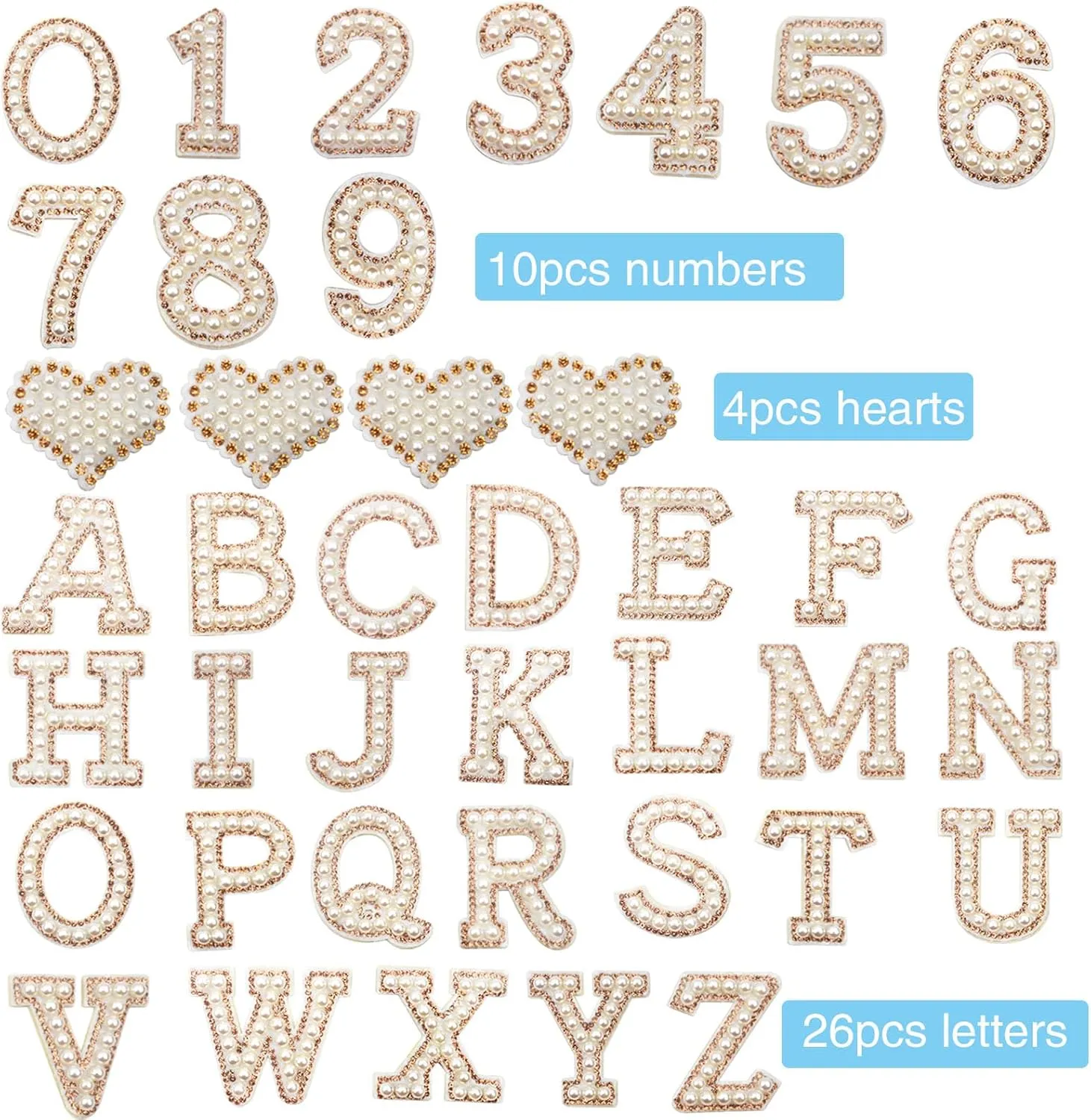 40pcs Self Adhesive Pearl Rhinestone Letter Patches Glitter Bling Alphabet A-Z Number 0-9 Heart Decorative Appliques Stick on Clothes Hats Handbags Purses Craft Supplies