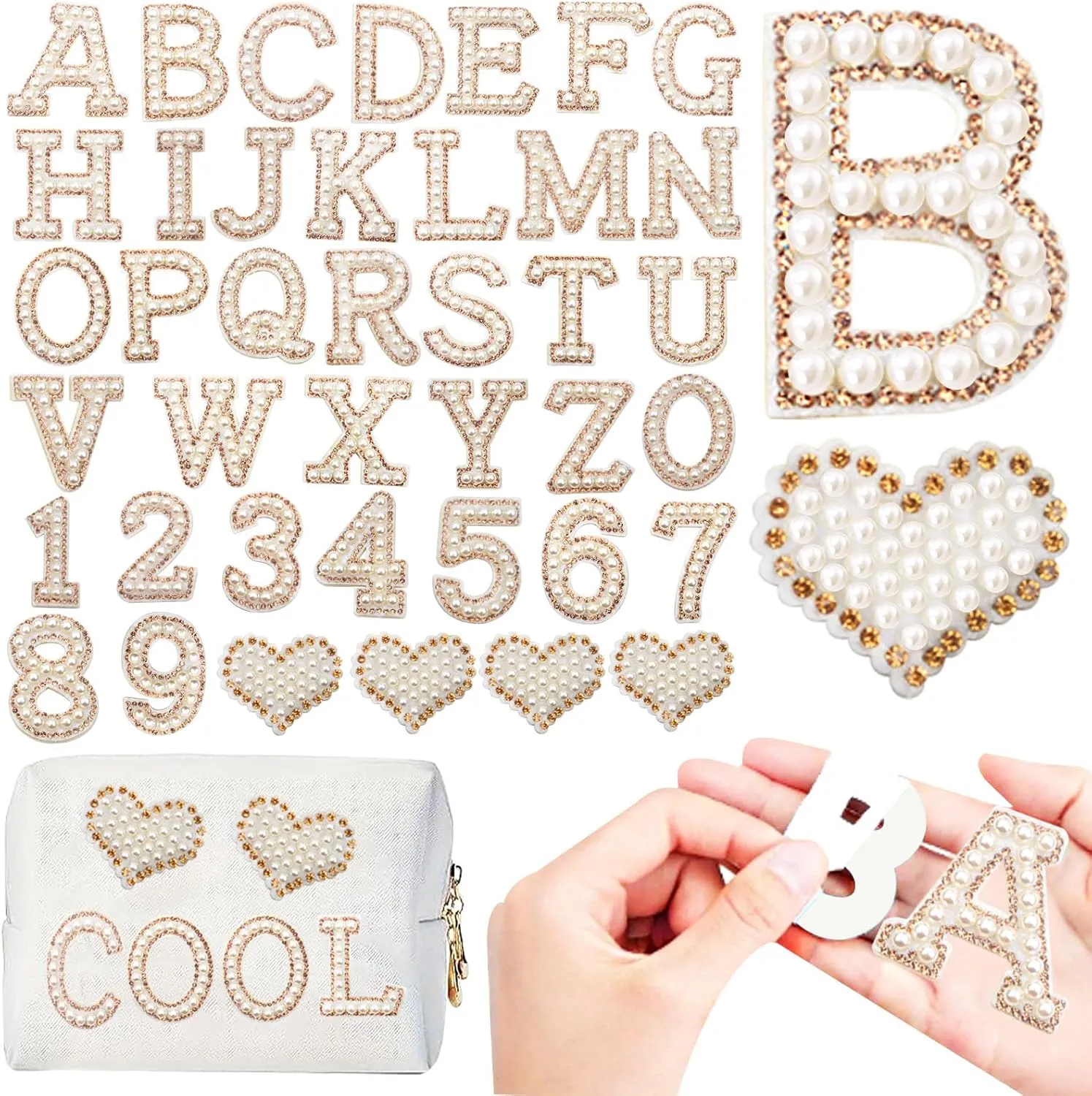40pcs Self Adhesive Pearl Rhinestone Letter Patches Glitter Bling Alphabet A-Z Number 0-9 Heart Decorative Appliques Stick on Clothes Hats Handbags Purses Craft Supplies