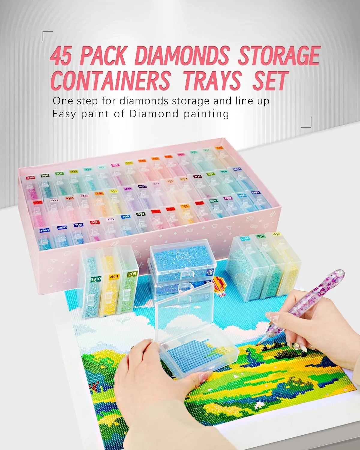 45pcs Diamond Painting Storage Containers Trays, Diamond Painting Accessories Diamond Painting Trays with Lids, 2-in-1 Storage and Diamond Art Trays, Bead Storage & Line-Up, Box Package