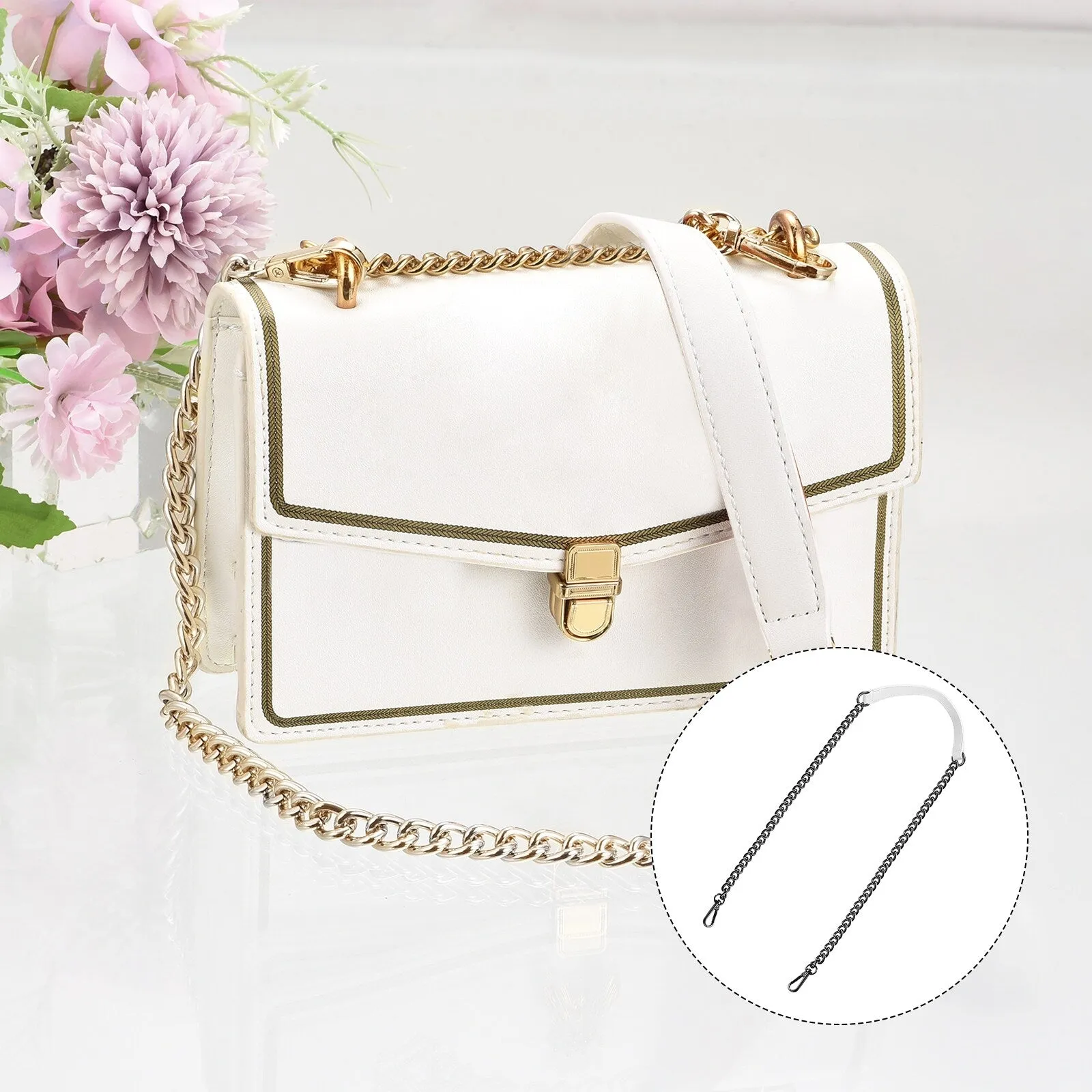 47" Iron Flat Chain Strap Purse Shoulder Cross Body DIY Replacement(White Grey) - White Strap, Grey Chain