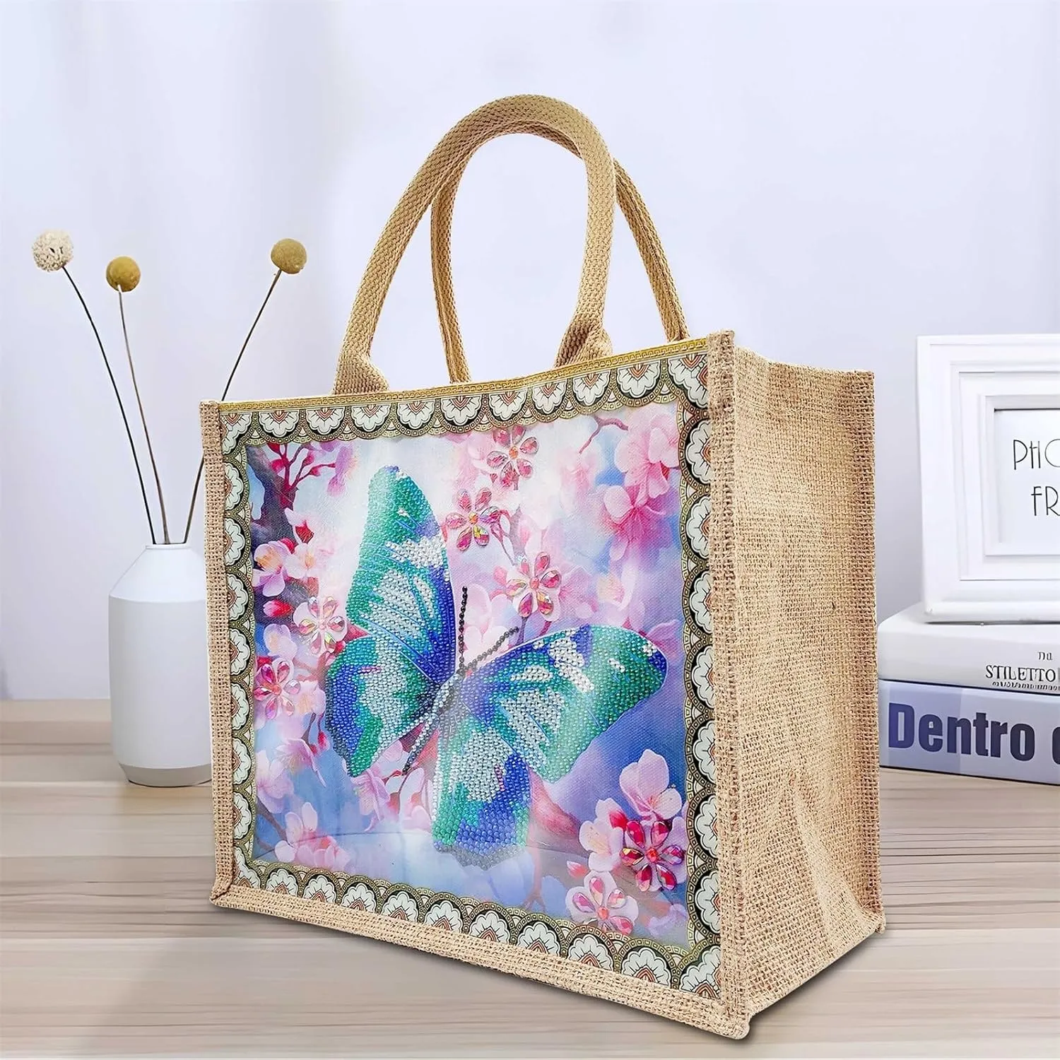 5D Art Painting Tote Bag Kit, DIY 5D Art Painting Handbag Kits, Diamond Art Bag for Home Organizer (Single Side Dot Diamond)
