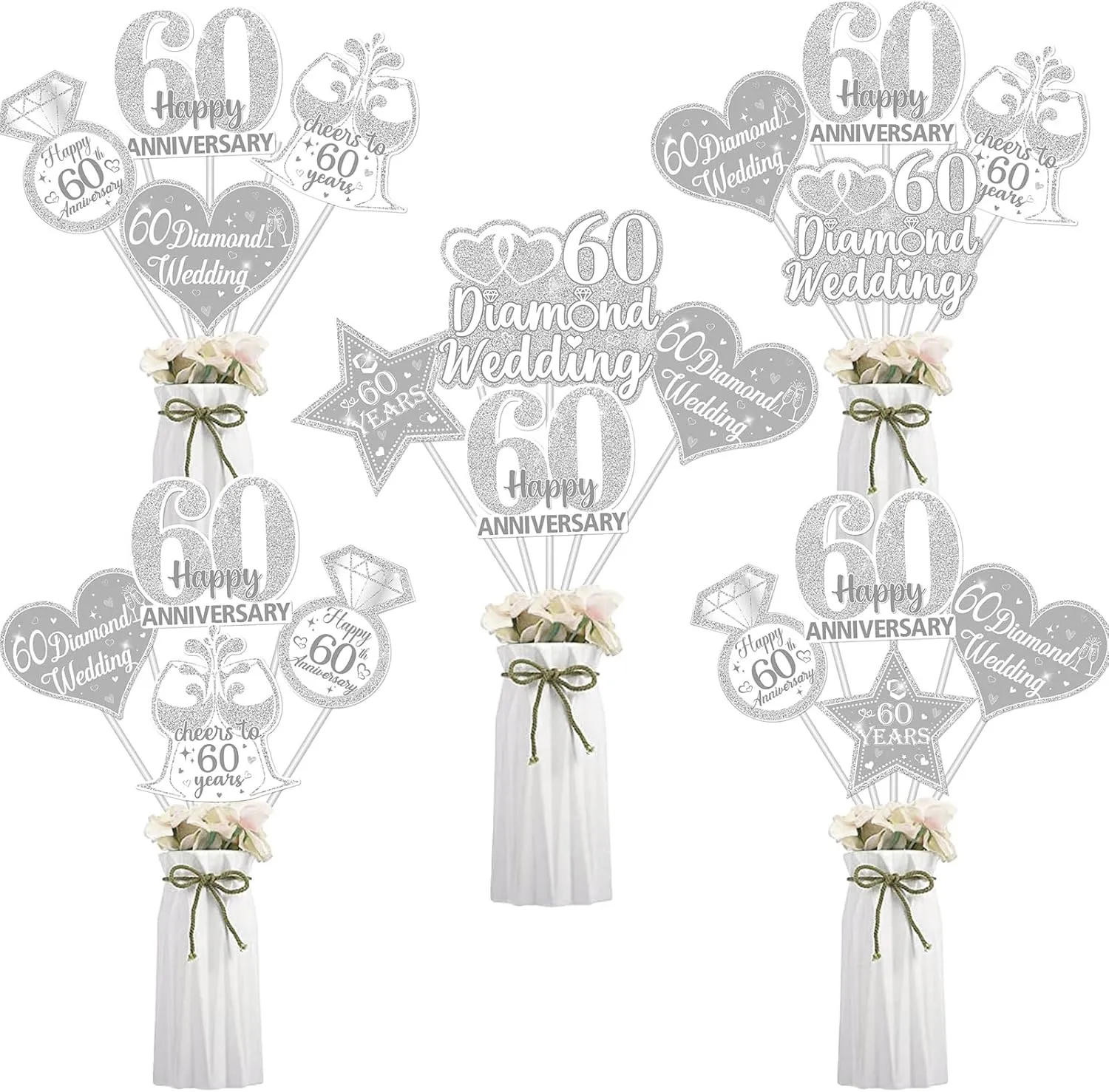 60th Diamond Wedding Anniversary Table Centerpiece, 24pcs 60th Anniversary Decorations Cheers to 60th Happy 60 Anniversary Double-sided Table Centerpiece Silver 60th Wedding Decorations