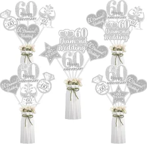 60th Diamond Wedding Anniversary Table Centerpiece, 24pcs 60th Anniversary Decorations Cheers to 60th Happy 60 Anniversary Double-sided Table Centerpiece Silver 60th Wedding Decorations