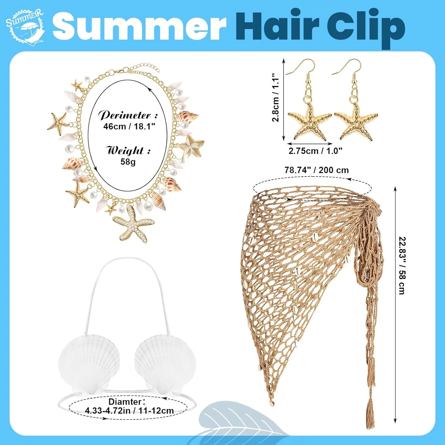 7 Pcs Mermaid Costume for Women Shell Necklace Earrings Purse Starfish Hair Clip Mermaid Crochet Skirt Shell Bra Summer Beach Accessories