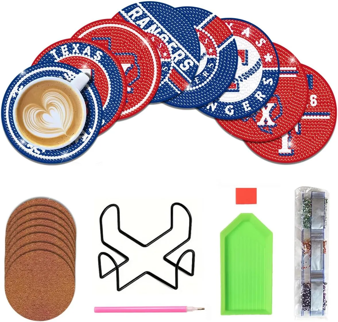 8 Pcs Baseball Diamond Art Coasters Kits with Holder, Diamond Painting Coaster Kits DIY Crafts for Adults Diamond Art Painting Kits Supplies for Texas Gift