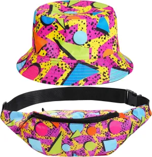 80s 90s Fanny Pack Bucket Hat Set for Women Men Neon Waist Bag 90s Hat Retro Casual Outfit for 1980s/1990s Costume