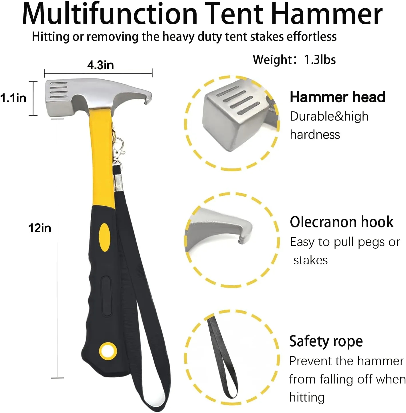 8/12/16Pack Tent Stake with Hammer, 8/10/12/16in Heavy Duty Tent Stakes   10in Camping Hammer Storage Pouch, Forged Steel Stakes Used on Rocks (12 Pack 10in Tent Stakes Hammer)