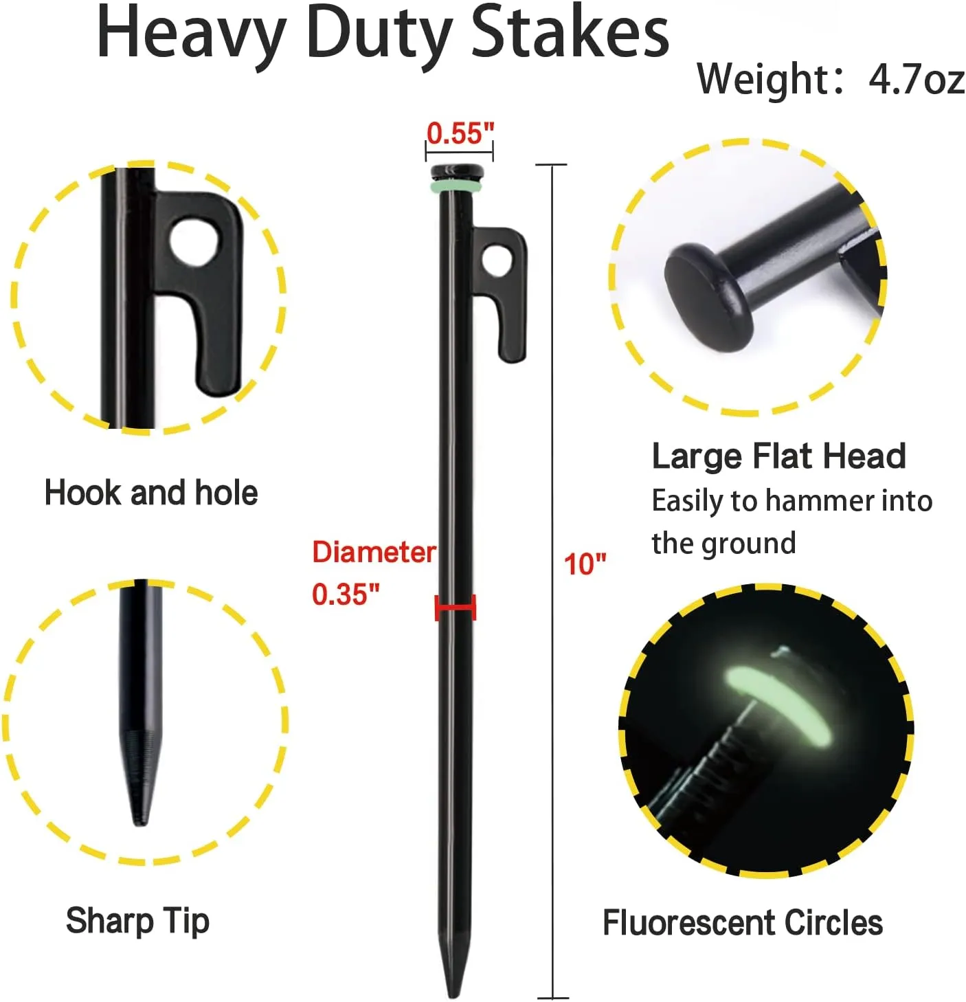 8/12/16Pack Tent Stake with Hammer, 8/10/12/16in Heavy Duty Tent Stakes   10in Camping Hammer Storage Pouch, Forged Steel Stakes Used on Rocks (12 Pack 10in Tent Stakes Hammer)