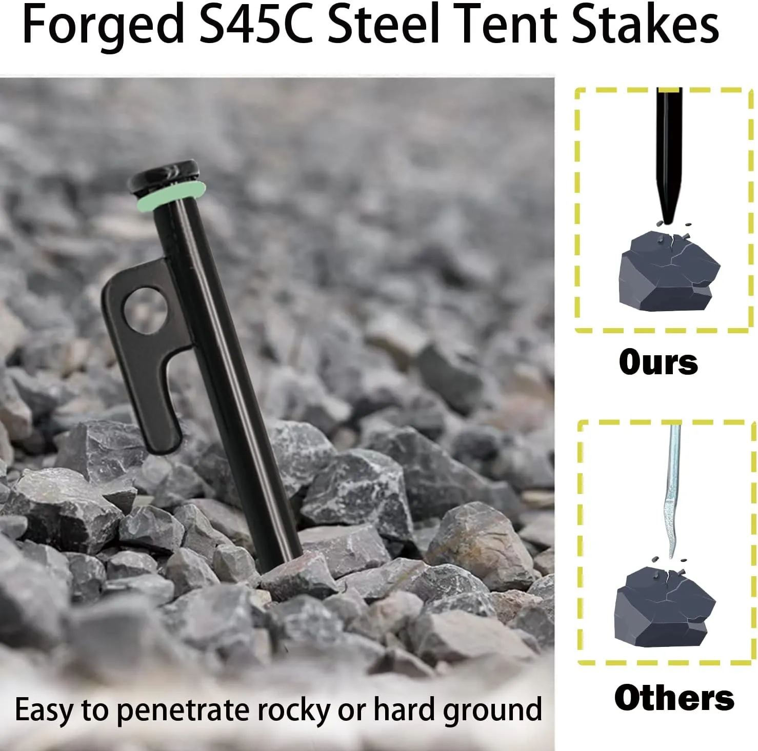 8/12/16Pack Tent Stake with Hammer, 8/10/12/16in Heavy Duty Tent Stakes   10in Camping Hammer Storage Pouch, Forged Steel Stakes Used on Rocks (12 Pack 10in Tent Stakes Hammer)