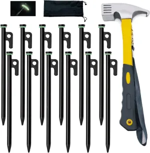 8/12/16Pack Tent Stake with Hammer, 8/10/12/16in Heavy Duty Tent Stakes   10in Camping Hammer Storage Pouch, Forged Steel Stakes Used on Rocks (12 Pack 10in Tent Stakes Hammer)