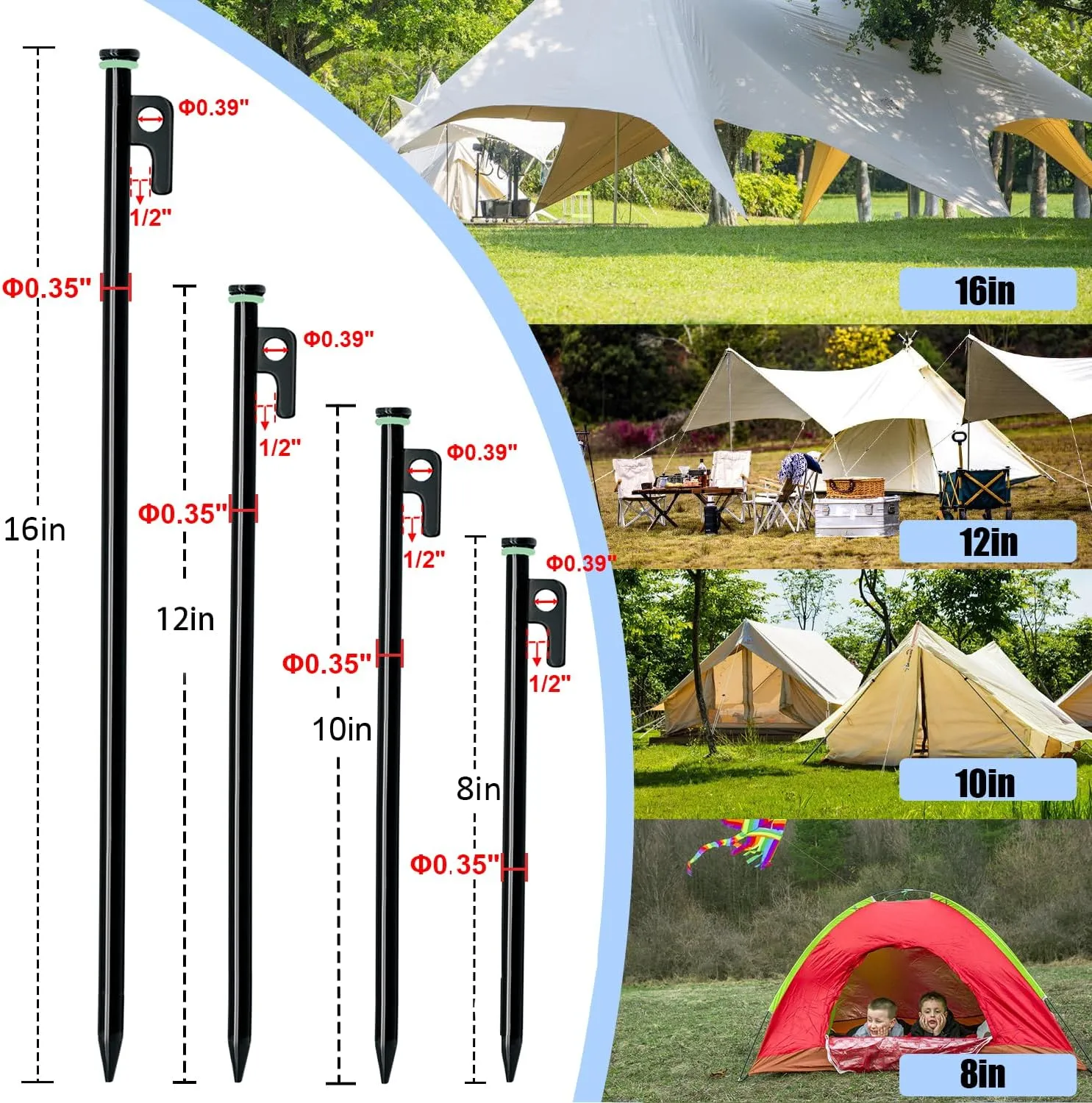 8/12/16Pack Tent Stake with Hammer, 8/10/12/16in Heavy Duty Tent Stakes   10in Camping Hammer Storage Pouch, Forged Steel Stakes Used on Rocks (12 Pack 10in Tent Stakes Hammer)