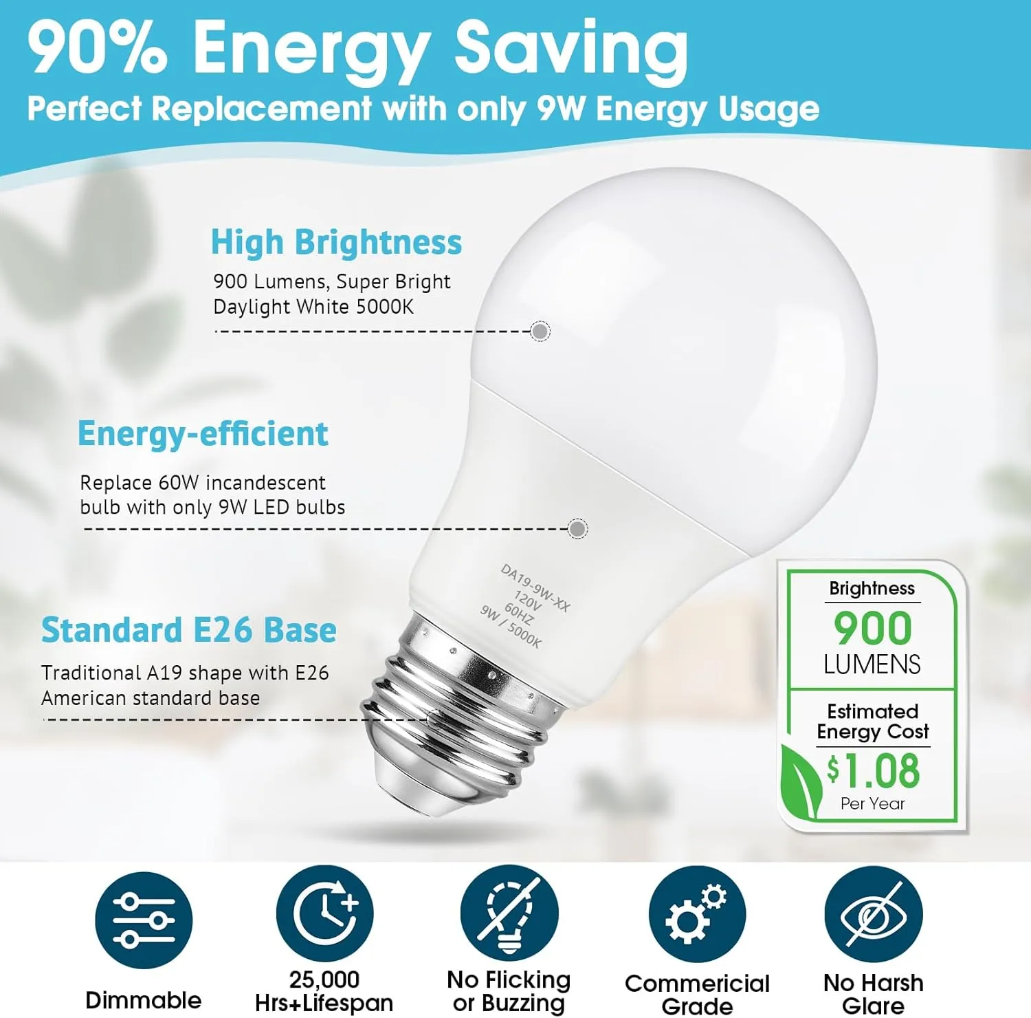 A19 LED Light Bulb Dimmable, 60 Watt Equivalent LED Bulbs, Daylight White 5000K, 900 Lumen, E26 Base, 9W Bright White Light Bulb, 12-Pack
