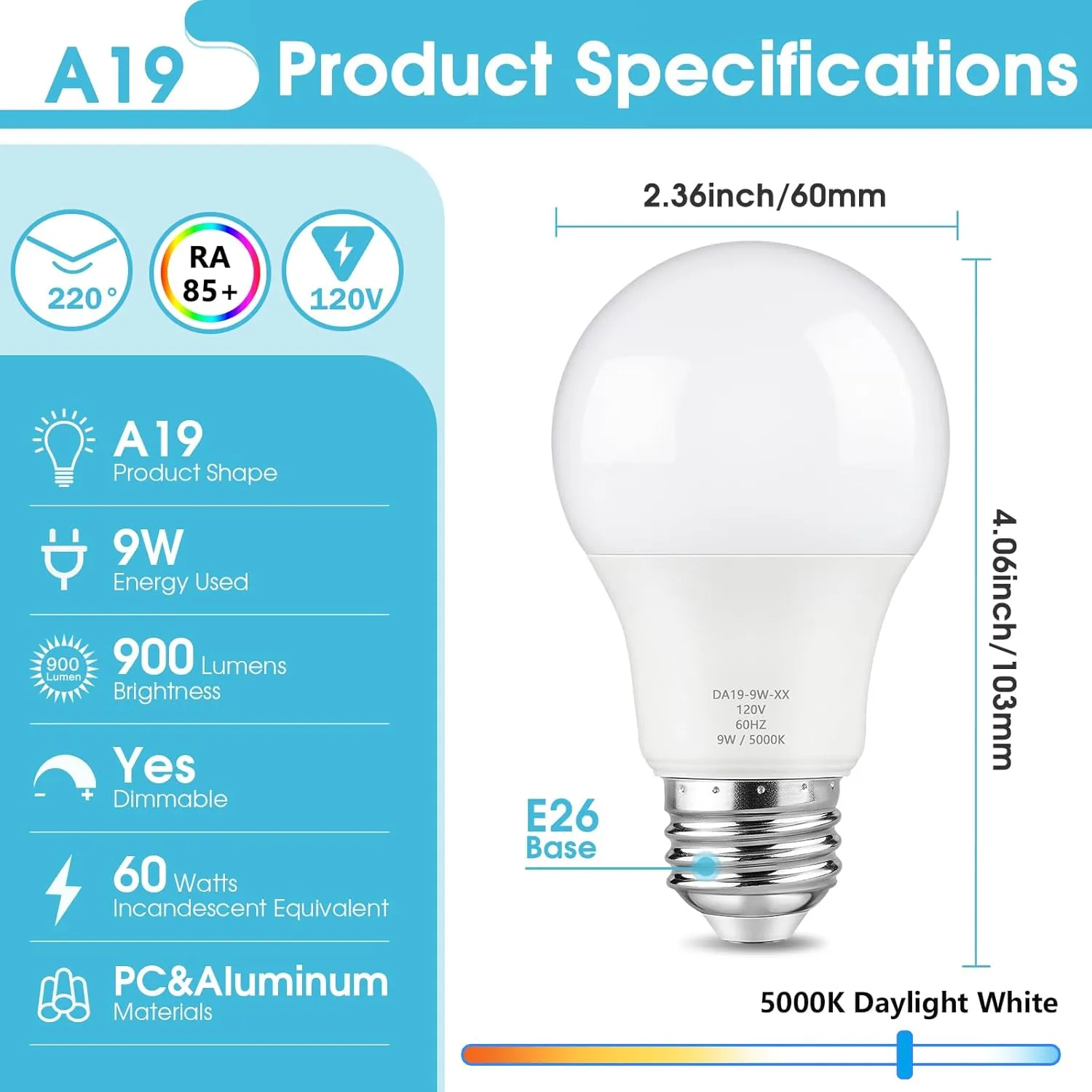 A19 LED Light Bulb Dimmable, 60 Watt Equivalent LED Bulbs, Daylight White 5000K, 900 Lumen, E26 Base, 9W Bright White Light Bulb, 12-Pack