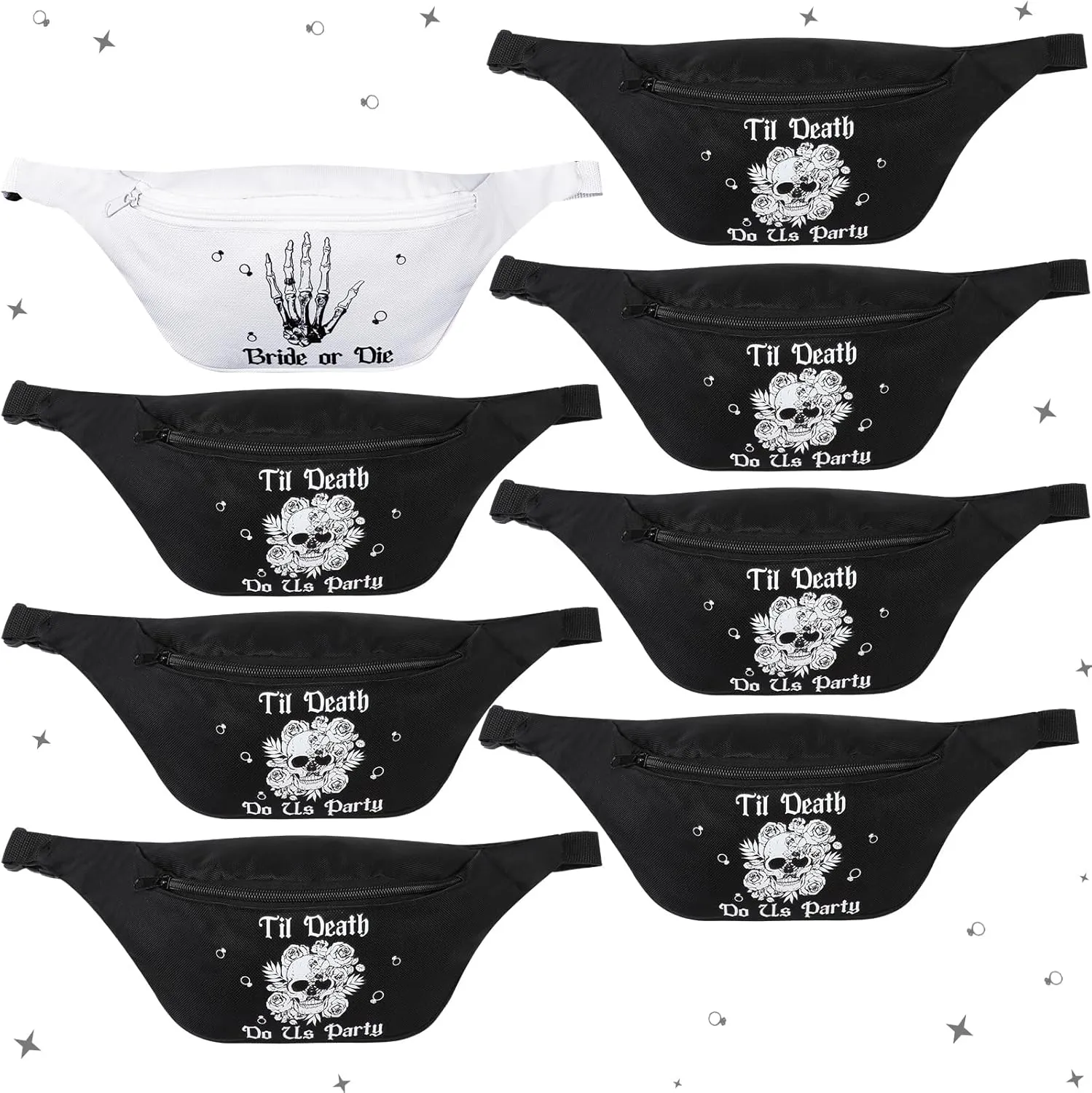 Abbylike 8 Pcs Bride or Die Bachelorette Party Fanny Pack Till Death Do Us Party Fanny Pack Gothic Skeleton Bachelorette Adjustable Waist Bags Funny Bachelorette Party Favors for Wedding Gifts