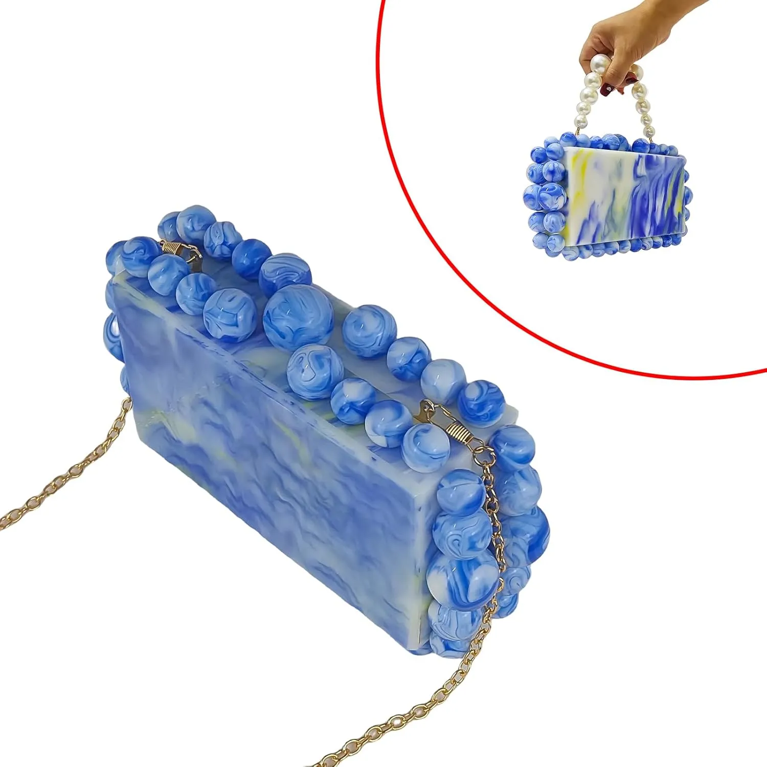 Acrylic Evening Handbag Marble Box Clutch Purse Women Beaded Party Prom Cocktail Bag
