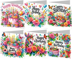 ACSAUMMY Diamond Art Happy Birthday Cards, 6 Pack 5D Diamond Greeting Cards Kits for Adults DIY Diamond Art Birthday Cards with Envelopes Birthday Gifts for Families, Friends, Partners