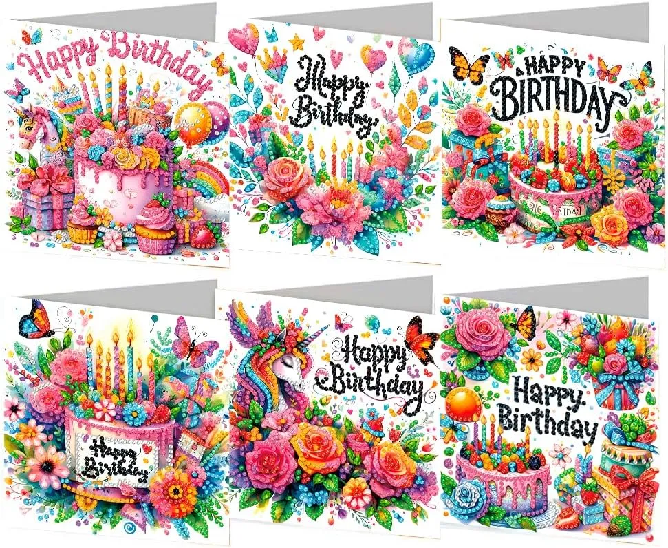 ACSAUMMY Diamond Art Happy Birthday Cards, 6 Pack 5D Diamond Greeting Cards Kits for Adults DIY Diamond Art Birthday Cards with Envelopes Birthday Gifts for Families, Friends, Partners