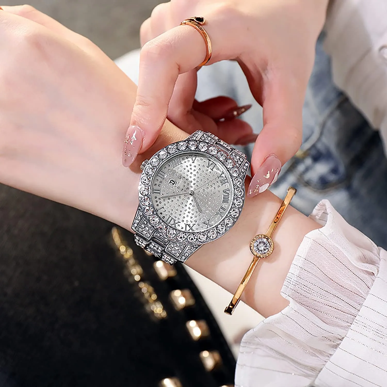 ADSBIAOYE Unisex Luxury Diamond Watch Fashion Large dial Roman Numerals with Calendar Watch