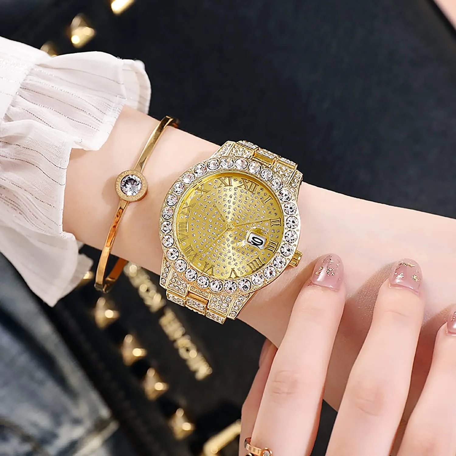 ADSBIAOYE Unisex Luxury Diamond Watch Fashion Large dial Roman Numerals with Calendar Watch