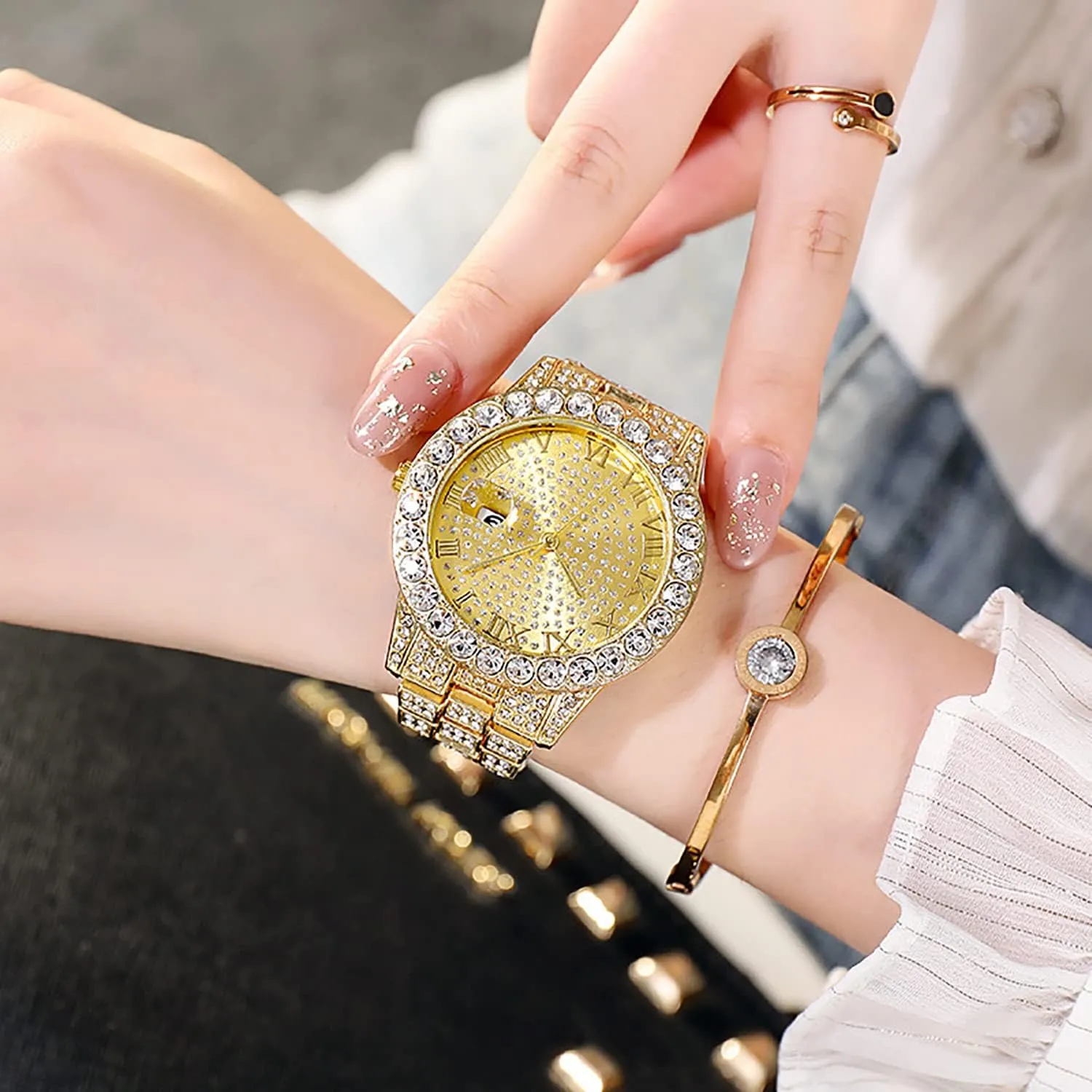 ADSBIAOYE Unisex Luxury Diamond Watch Fashion Large dial Roman Numerals with Calendar Watch