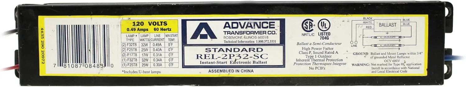Advance REL-2P32-SC Electronic Fluorescent Ballast, 2 Lamp, F32T8 32W T8, 120V