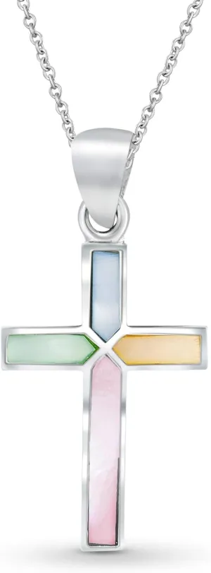 AeraVida Cross of Faith Necklace – 925 Sterling Silver 18 inch Chain | Iridescent Shell and Stone Pendant | Perfect Religious Gift