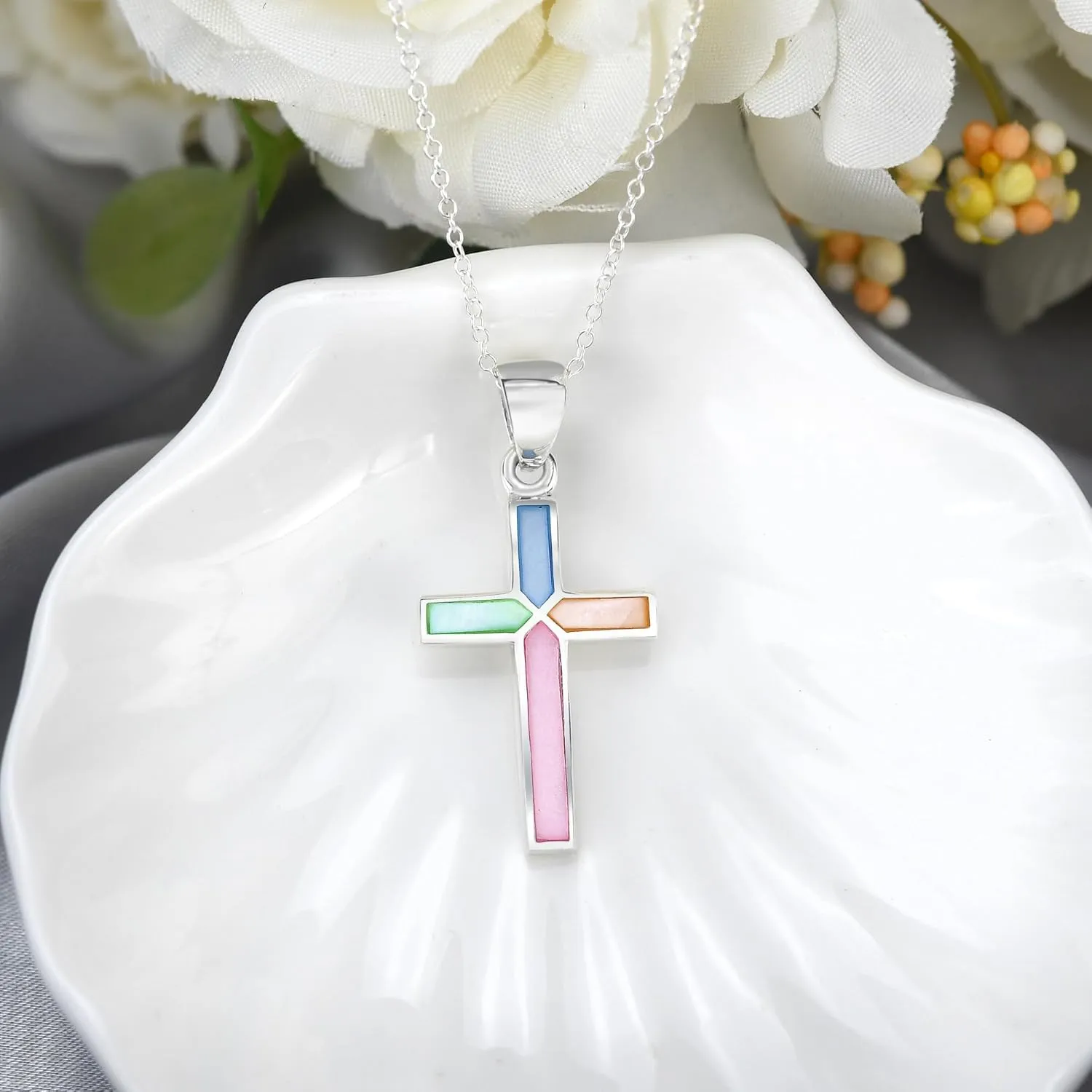 AeraVida Cross of Faith Necklace – 925 Sterling Silver 18 inch Chain | Iridescent Shell and Stone Pendant | Perfect Religious Gift